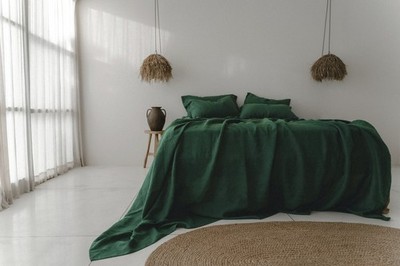 Boho Linen Bedsheet, Stonewashed Linen Bed Cover, Flat Sheet and Pillowcase Set