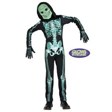 Halloween Skeleton Costume Child Small 4-6 Black Green Glow In The Dark Jumpsuit