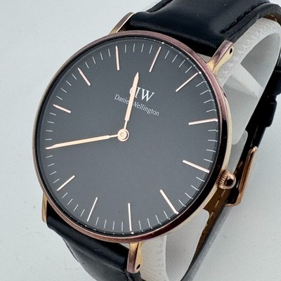 Daniel Wellington Quartz Watch Men Gold Tone Steel Thin Black Leather  Battery