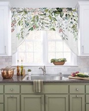 Watercolor Spring Floral Swag Valances for Kitchen Window, Eucalyptus Leaves ...