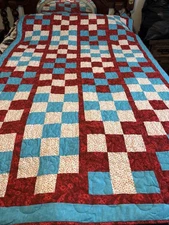 Homemade Twin/Throw 9 Patch Red White Blue W/Polka Dots 50” X 90” New Cotton