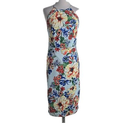 Soft Blue Floral Halter Style Fully Lined Midi Dress Sundress Size 8
