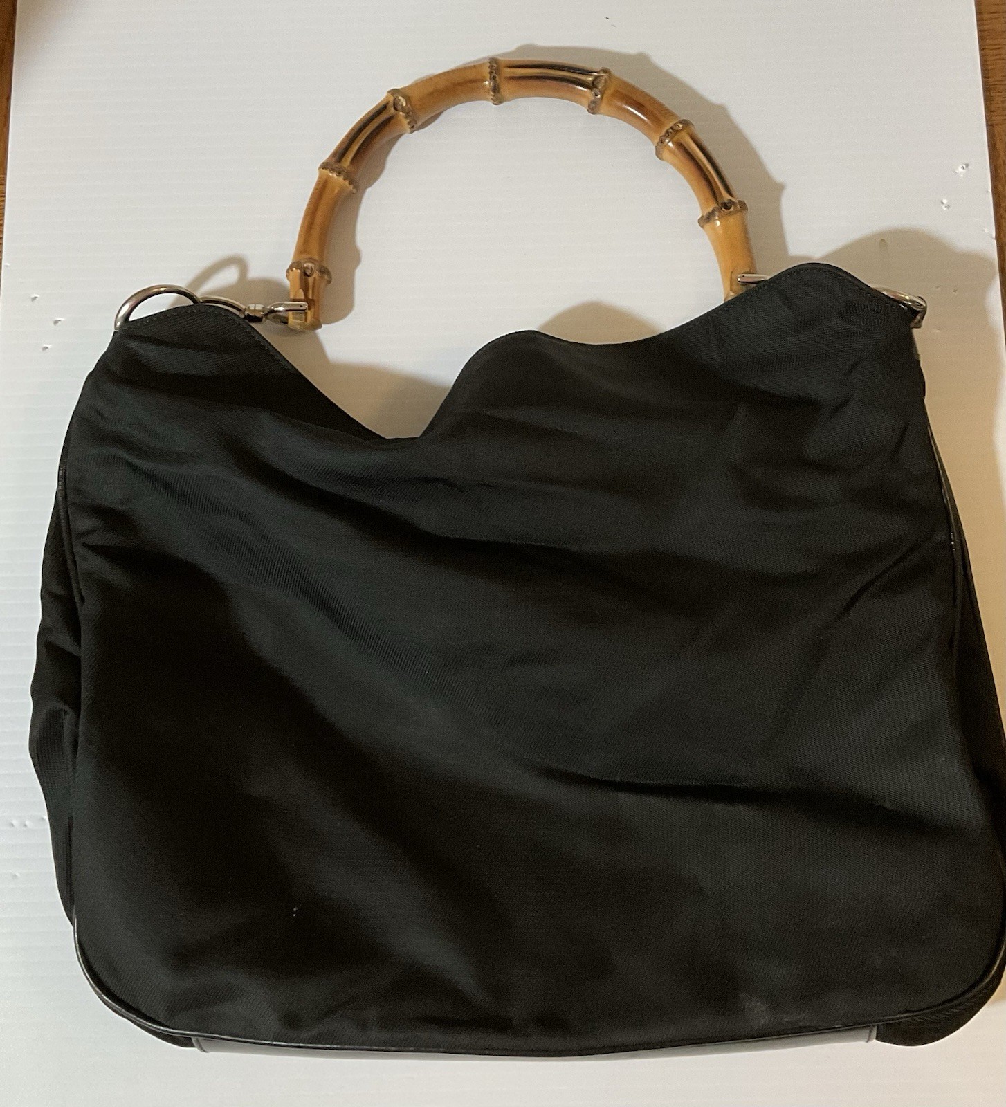 Authentic Gucci Vintage Black Nylon Hobo Bag With Bamboo Handle