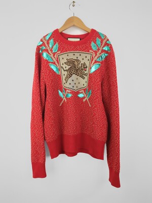 RARE SS18 GUCCI Men's Sz S Red Flying Tiger Crest Wool Sweater 51169