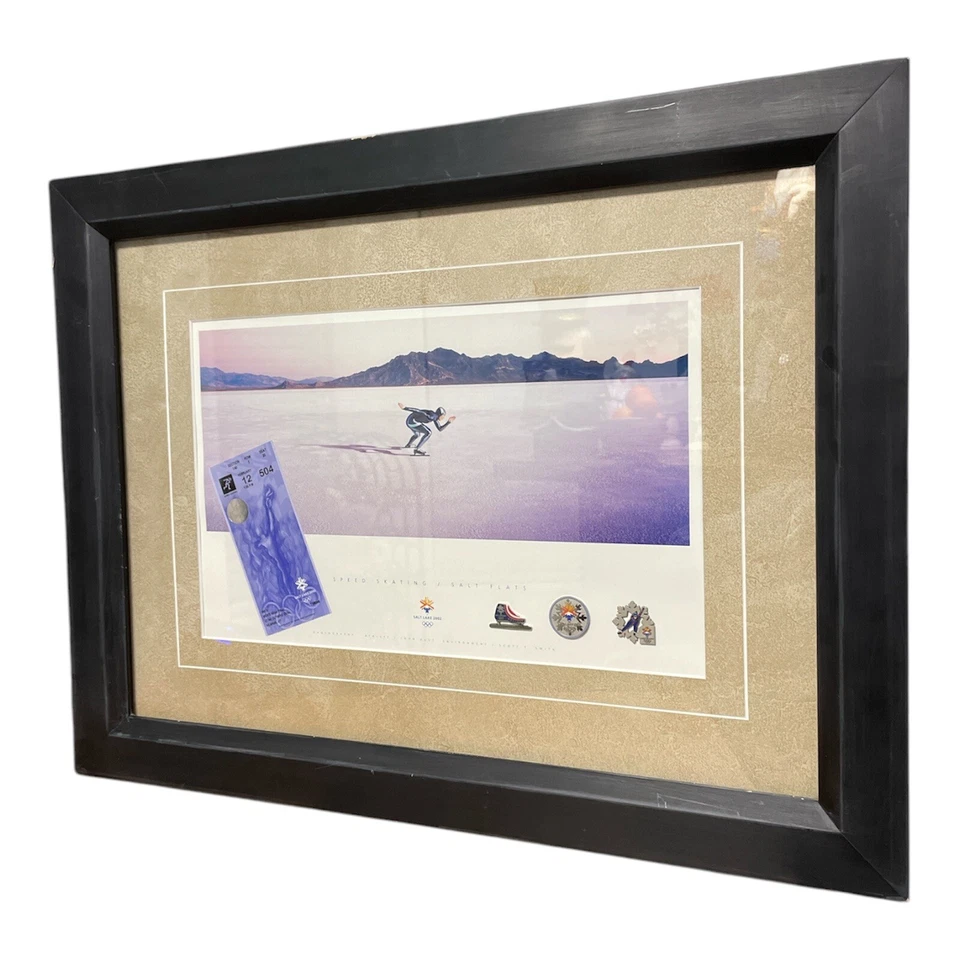 2002 Salt Lake Olympics Speed Skating Framed Ticket & Pins - Image 2 of 4