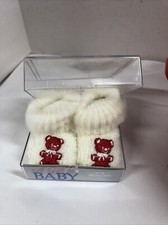 VINTAGE BABY SHOES Socks NEW With Box 1980s Very Cute Red Teddy Motif 0-3 Months