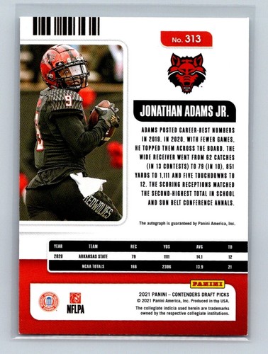 2021 Panini Contenders Draft Picks College Ticket Auto Jonathan Adams Jr. #313 - Imagen 2 de 2