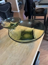 Hazel Atlas Avocado Green Mid Century Modern Vintage Chip and Dip Set