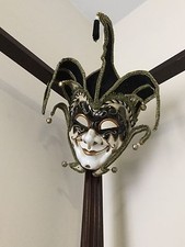 Harlequin Jester Masquerade paper mache resin handmade black gold white mask