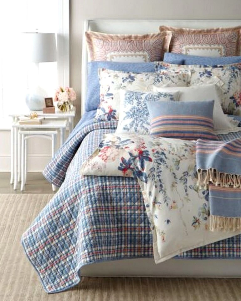 Ralph Lauren Veronique Azul Lucie Cuadros Acolchado King Cobertor Manta $430 Foto 3 de 4