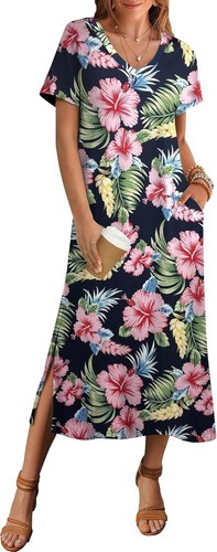 Summer Floral V-Neck Maxi Dress Short Sleeve Casual Beach Dress with Pockets - Picture 13 of 109