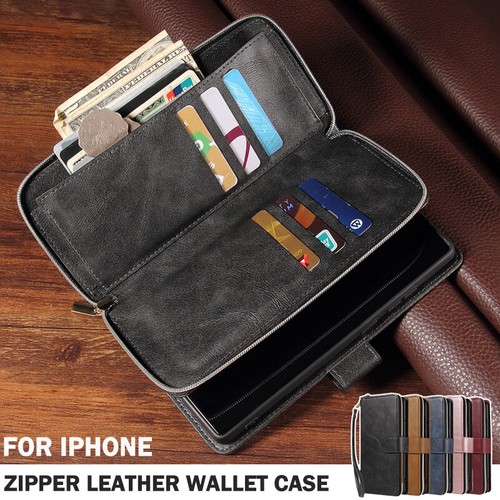 For iPhone 15 Plus 14 13 12 11 Pro Max Flexible Case Leather Wallet Zipper Flip