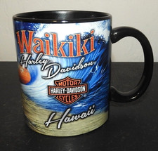 Harley Davidson Waikiki Hawaii Ceramic Coffee Mug Graphics ALL OVER Hard to Find