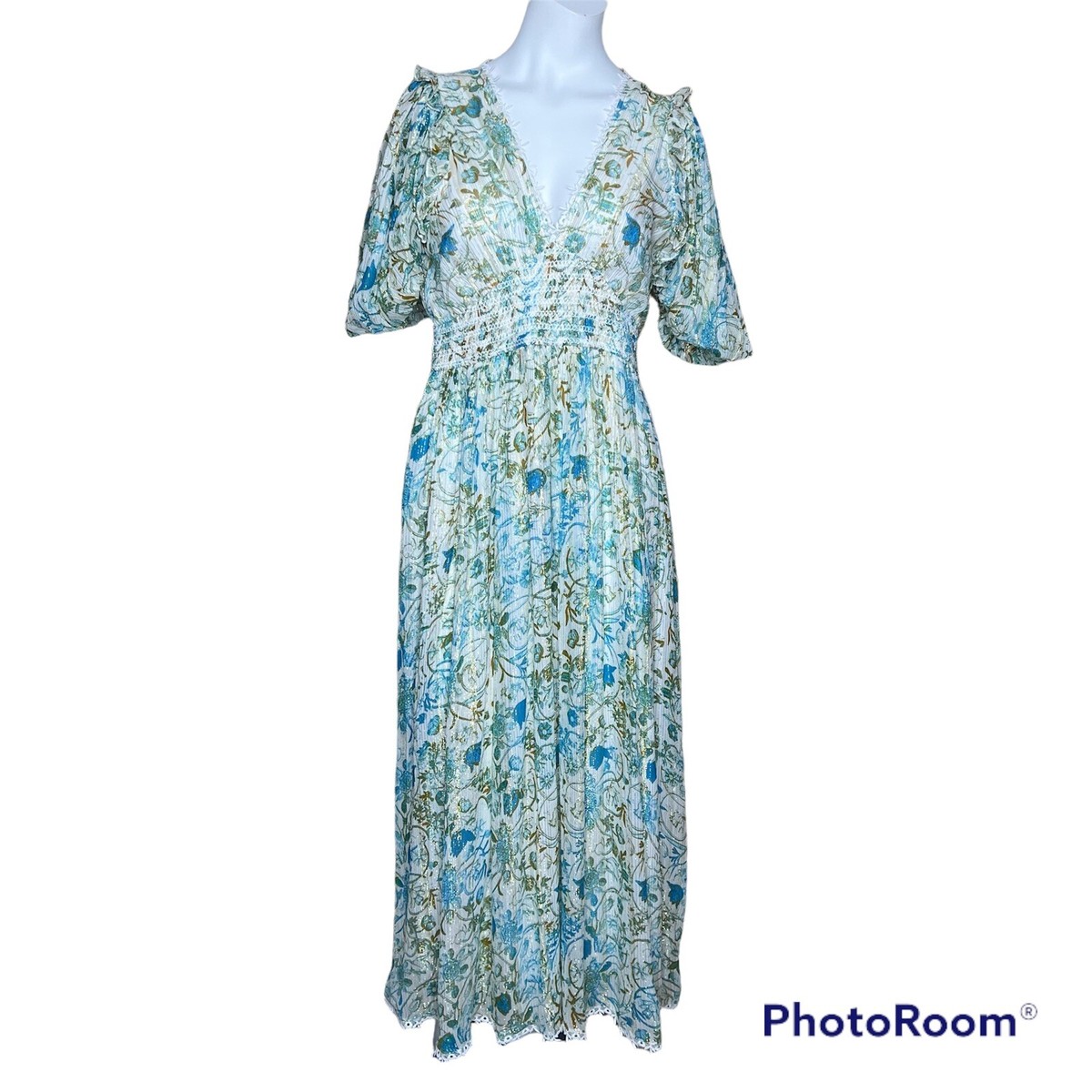 elan short sleeve maxi dress Rococo Sand Elan Maxi Metallic Floral Dress Sz M NWT