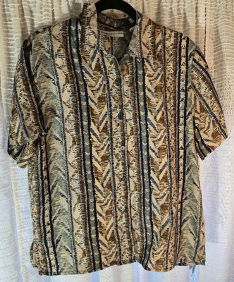 VINTAGE Valerie Stevens 10 P Women 100%  Silk Abstract Earth Toned Organic Top