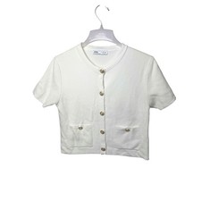 ZARA Women’s Knit Cardigan Crop Top White Short Sleeve Button Front Sz L