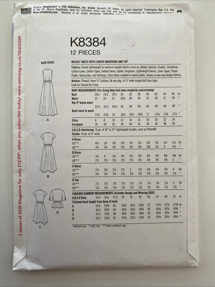 Simplicity K8384 Misses Dress with Length Variations & Top Uncut Pattern - Image 3 of 4