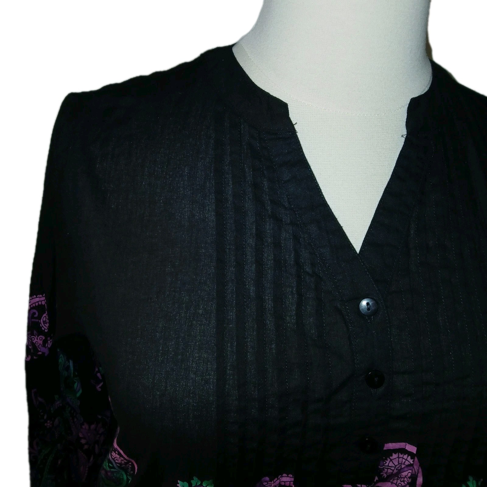 NEW Collections Etc L Paisley Pintuck Long Sleeve Light Cotton Top Multicolor 