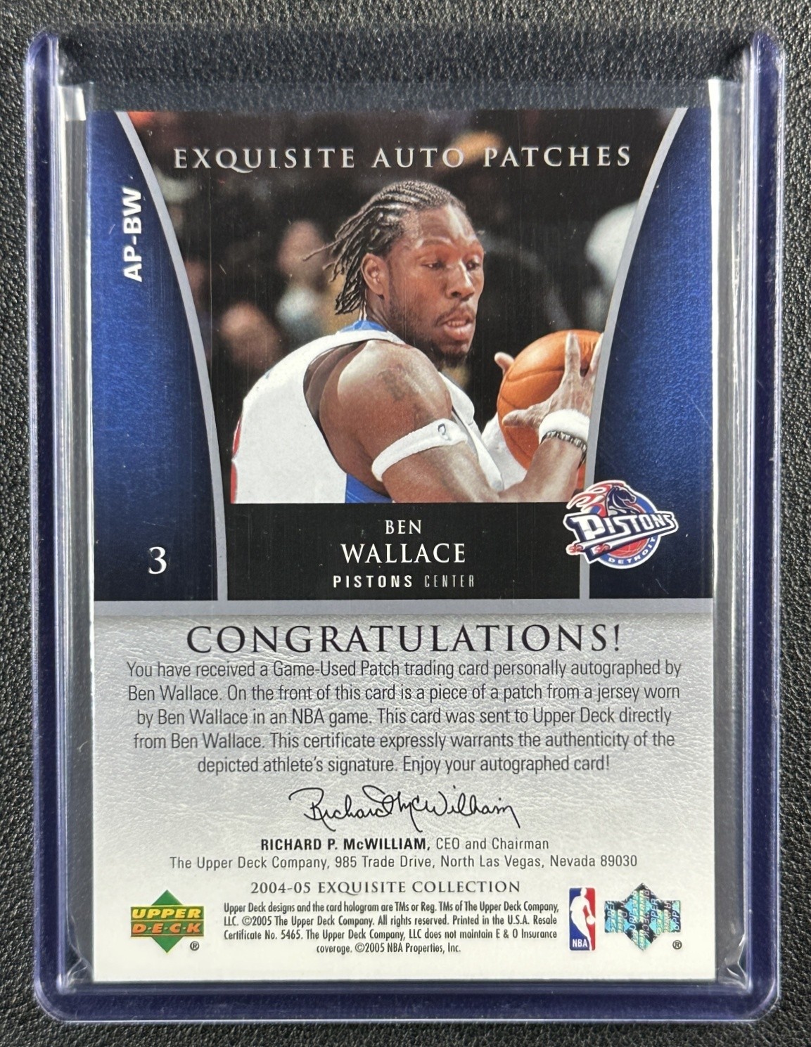 BEN WALLACE 2004-05 UPPER DECK EXQUISITE COLL #AP-BW GAME-USED PATCH AUTO 71/100 view 2