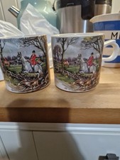 Vintage Fox Hunting Scene Bone China Mugs Pair Horse & Hounds Equestrian Country