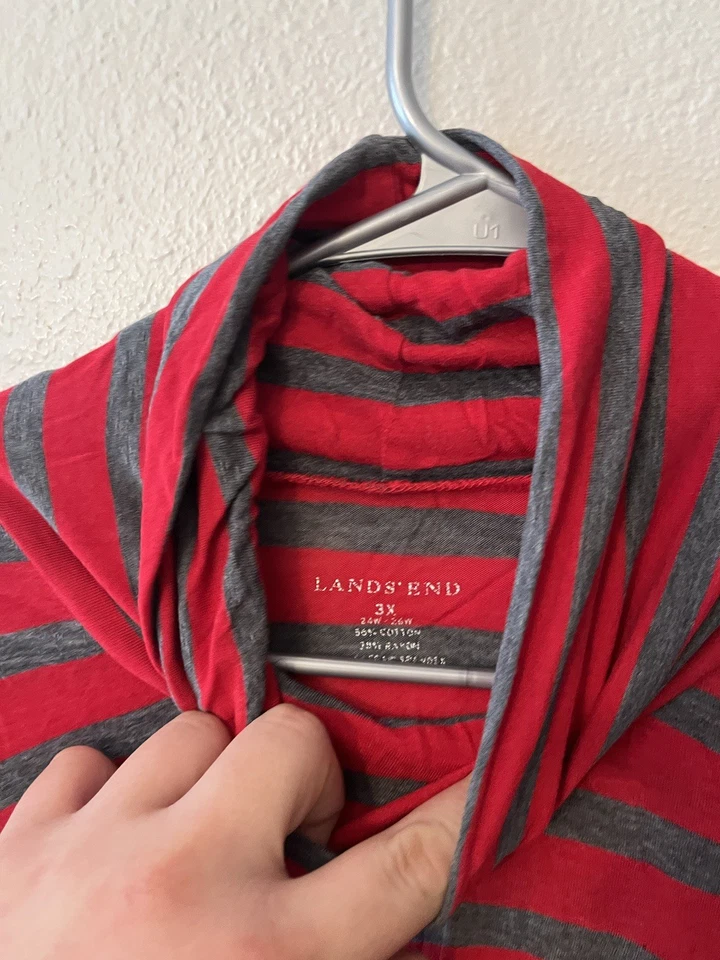 Pullover Lands'End para mujer talla 3X (24W-26W) rojo gris a rayas cuello alto falso usado en excelente estado Foto 2 de 4
