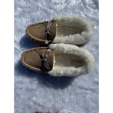 Women  s Faux Suede Moccasin Slippers Fur Lined Bow Cozy House Shoes Tan
