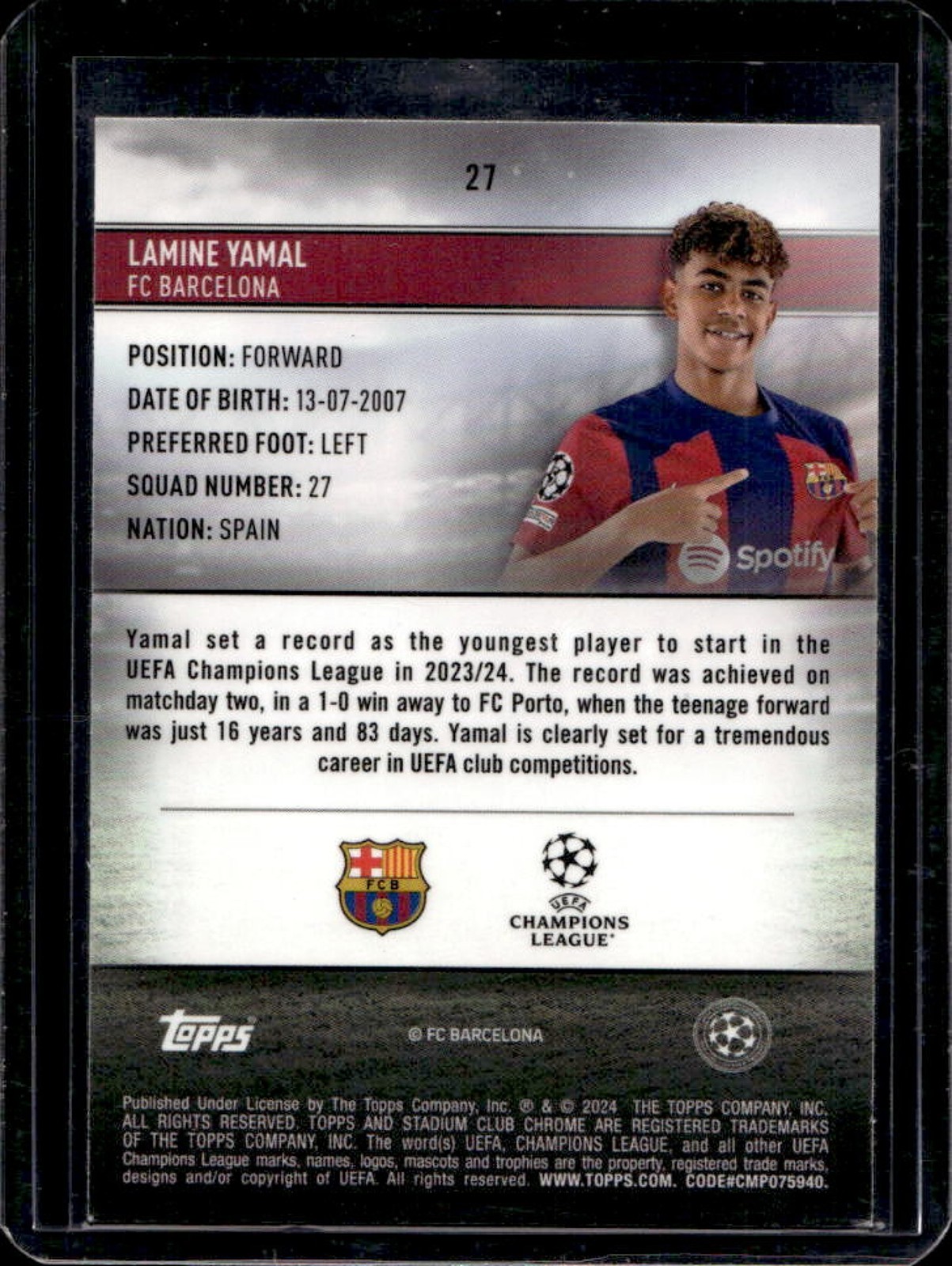 2023-24 Topps Stadium Club Chrome UEFA Lamine Yamal RC Rookie #27 Barcelona view 2