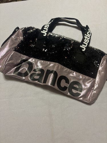 JUSTICE DANCE DUFFEL DANCE BAG BLING SPARKLE PINK BLACK SHOULDER STRAP ZIPPER