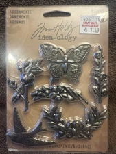 Tim Holtz idea-ology 6-Piece Adornments Set, Garden, Flower, Butterfly, Bird