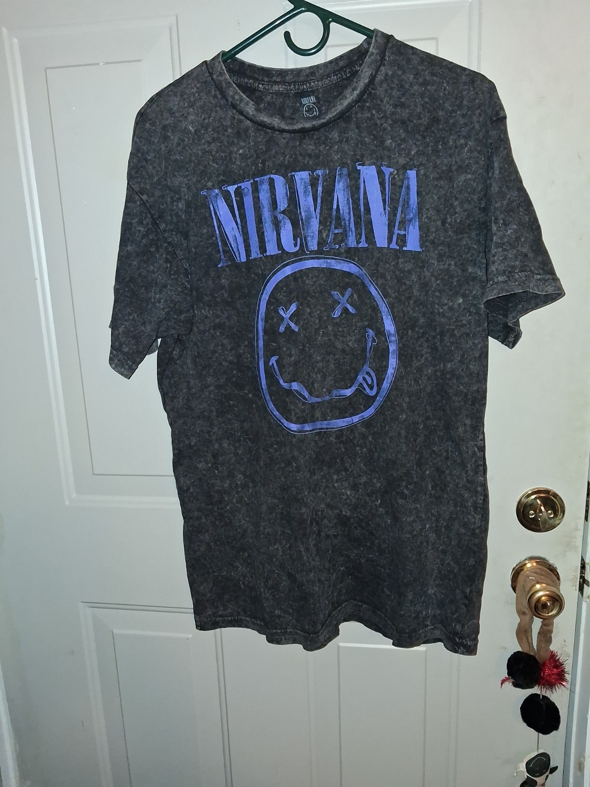 Nirvana Black Acid Wash T-shirt Sz Large Blue/Purple Smiley Face Logo