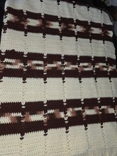 Vtg Crochet Afghan Blanket Handmade Autumn Brown  Cream Fringe Throw 4' x 5'
