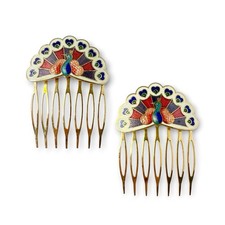 Vintage Set of Multicolor Cloisonn  Enamel Metal Hair Combs