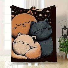 1pc of Cozy Flannel Blanket Featuring Two Cats Cuddling at Night, Incredibly S