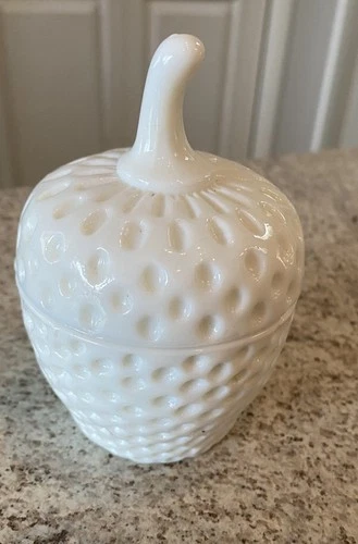 Vintage Napco Milk Glass Strawberry Covered Jar Trinket Candy Jewelry Dish