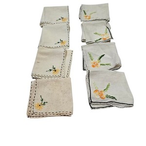 Set Of 8 Vintage Cream Linen Hand Embroidered Sewn Cocktail Napkins Floral 50s