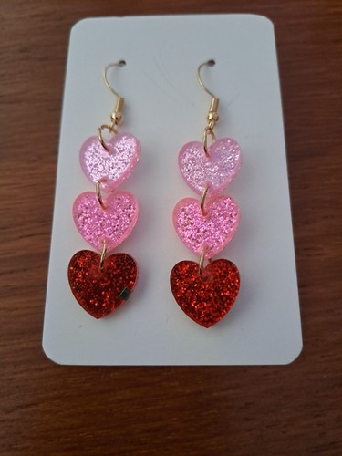 Red & pink Triple Heart dangle Earrings - Picture 1 of 2