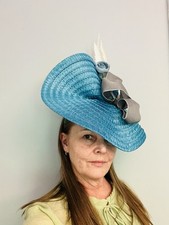 Sun Hat/fascinator/wedding/cocktail Hat One Of A Kind Blue Brim Bow White Leaf