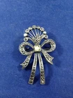 Silver Ribbon Bow Shaped Pin Vintage Costume Jewelry with Rhinestones