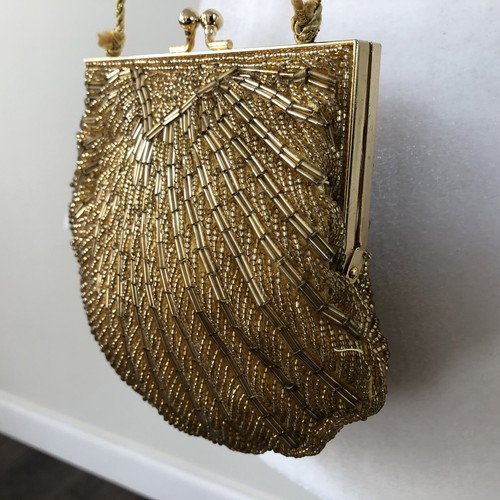 VTG Purse Gold Tone Beads Women’s Shoulder Crossbody Gold Strap Silk Lined 6” - Picture 5 of 10