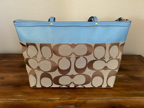 Coach Signature Stripe Khaki / Blue Shoulder Tote Purse + Dust Bag L0768-11691 - Picture 4 of 11