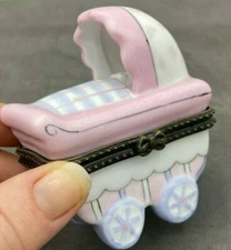 Trinket Box Two’s Company Pink Baby Stroller Porcelain Shower Gift Girl Keepsake