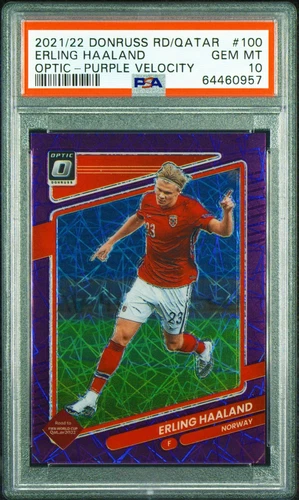2021 Panini Donruss Road to Qatar Erling Haaland Purple Velocity /99 PSA 10