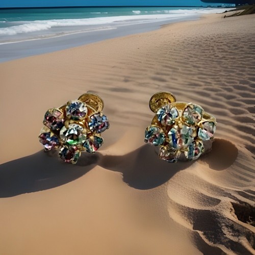 Vintage Mid Century Goldtone Rainbow Iris Arc Crystal Bead Screwback Earrings