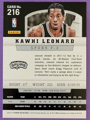 Kawhi Leonard 2012-13 Panini #216 San Antonio Spurs Rookie