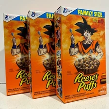 Lot of 3 x Dragon Ball Z Reese’s Puffs Cereal Box Goku 19.7oz Family Size