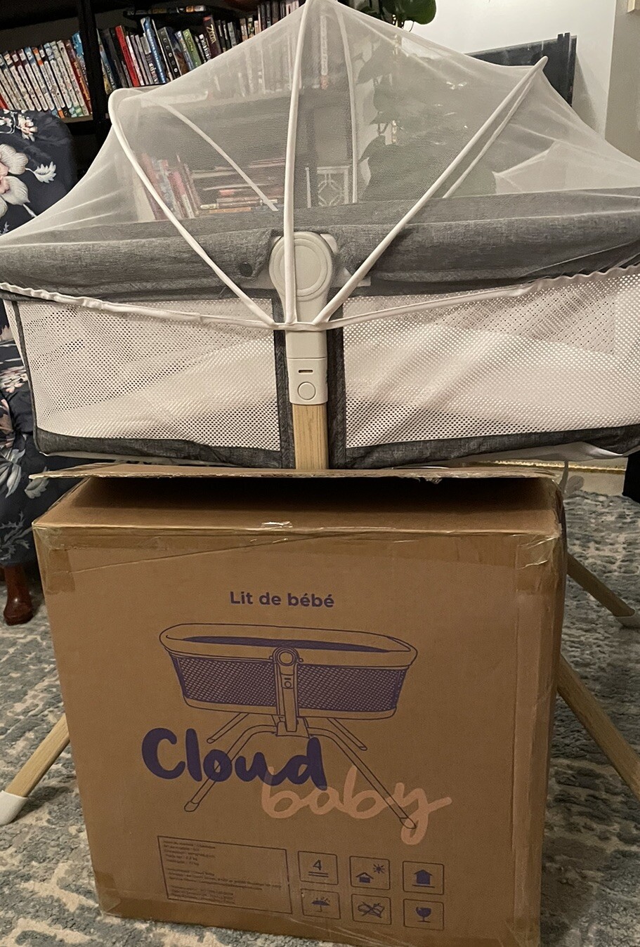 Cloud Baby Gliding Bassinet With Canopy - Gray With Tan Legs - Portable & Swings