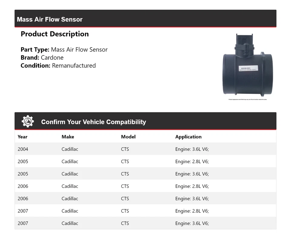 Sensor de flujo de aire másico Cardone 2005 2006 para Cadillac CTS 2004-2007 Foto 2 de 4