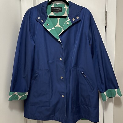 Centigrade Rain Coat Reversible Hooded Jacket Polka Dot Women s Sz L Blue Green