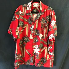 Paradise Found Hawaiian Shirt 2XL Red Palm Trees Surfboard Ukulele