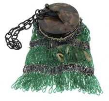 Antique Circa 1920's Art Deco Beaded Green Dance Bag Purse w/ Bakelite Top